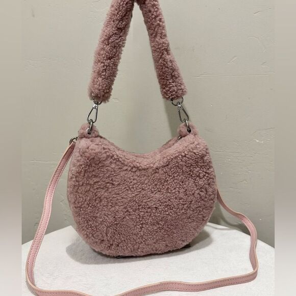 Dusty Rose Real Shearling Leather Half Moon Handbag with 2 Straps & Fur Charm - Picture 3 of 16